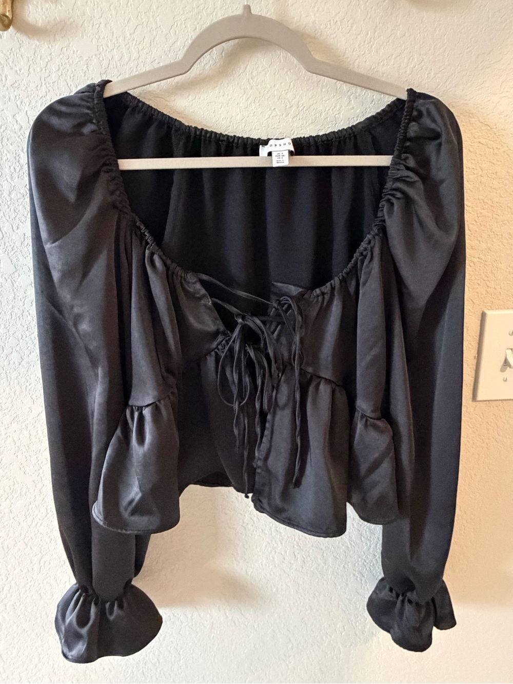 TOPSHOP Black Satin Peasant Tie-Front Blouse - 3X
